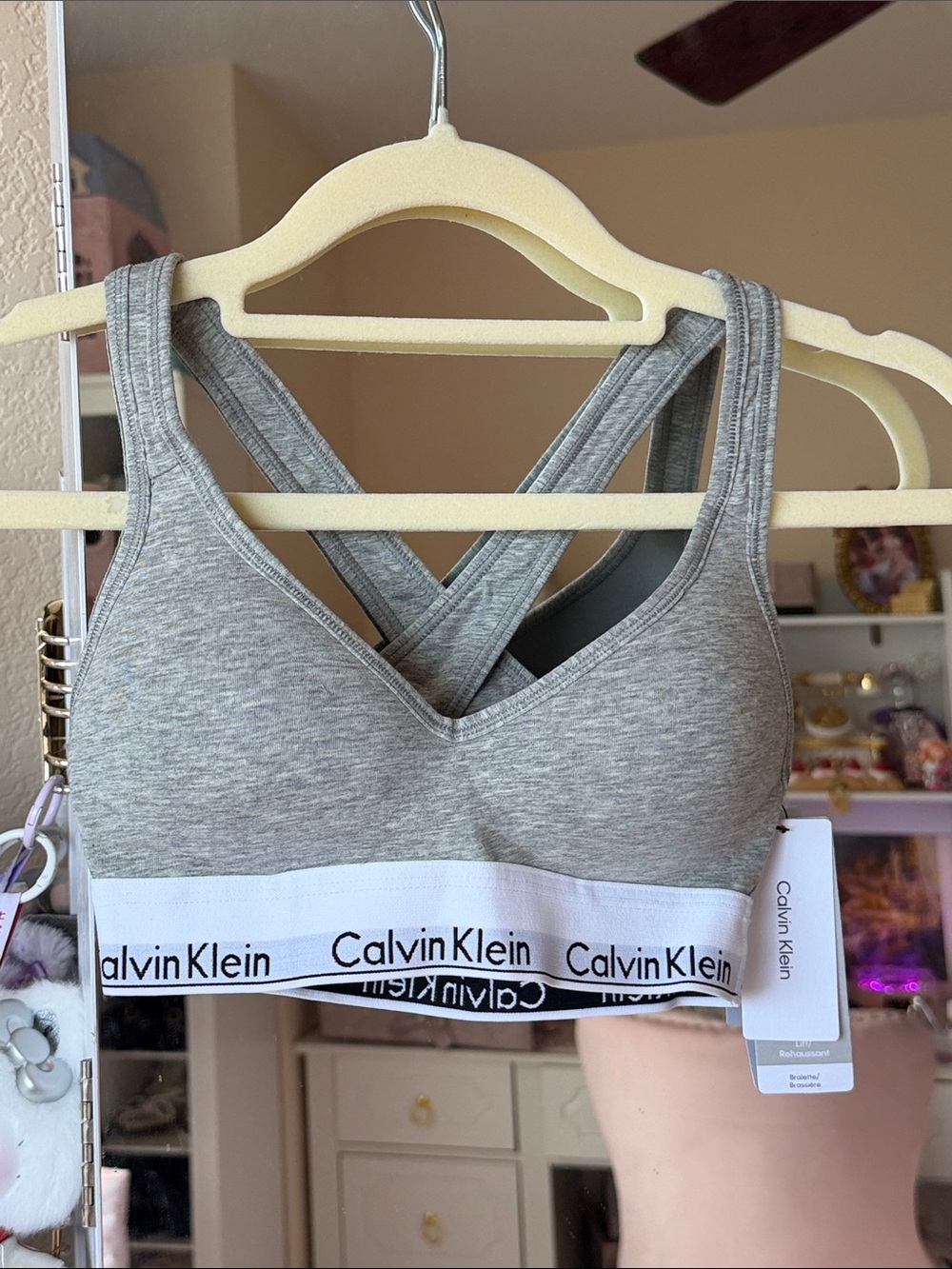 Calvin Klein Heather Gray Cross-Back Sports Bralette with White Logo Band